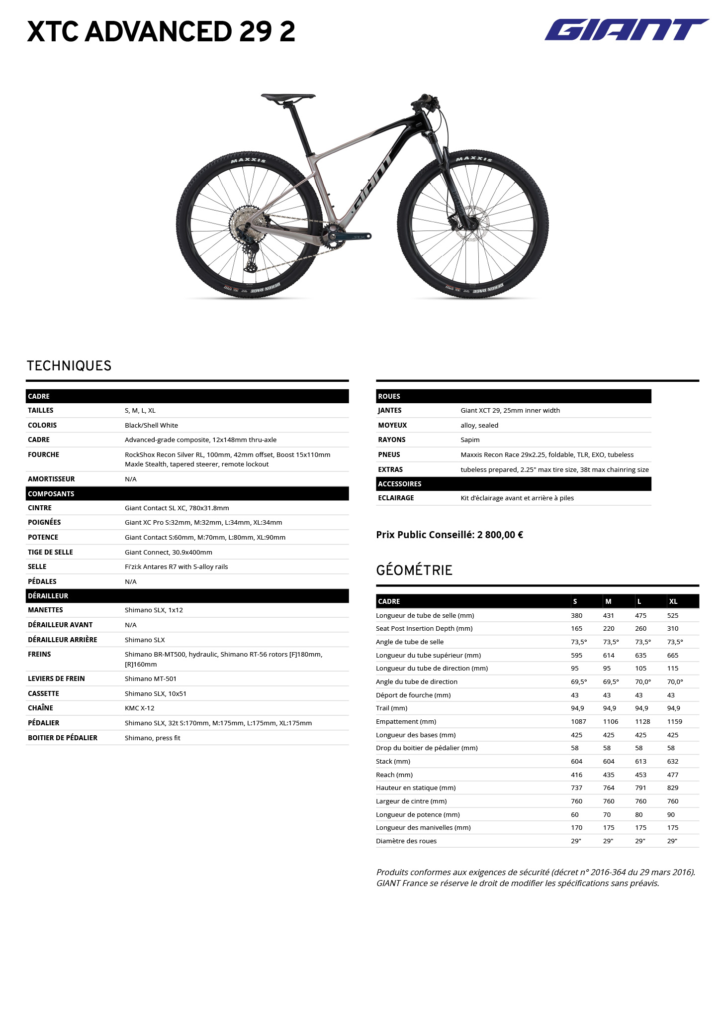 Fiche technique du velo XTC Advanced 29 2 année 2024